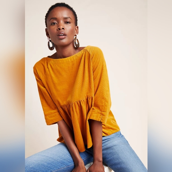 Anthropologie Maeve Maria Babydoll Coudoroy Blouse in Mustard Yellow Size Small● - Picture 1 of 10